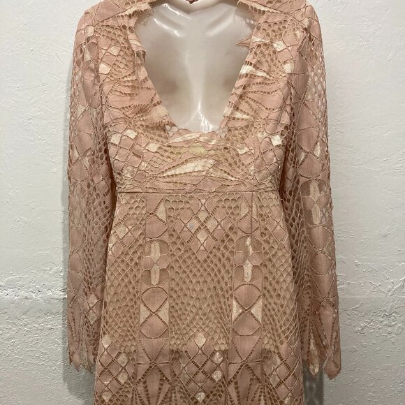 Free People Deco Lace Mini Dress Fairycore Bell Sleeve Ivory Combo Lined Size 4 - Picture 5 of 12
